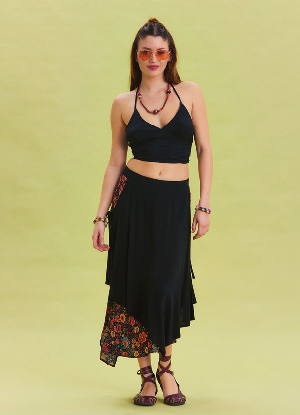 Black Skirt with Elastic Waist and Tie Detail 4519